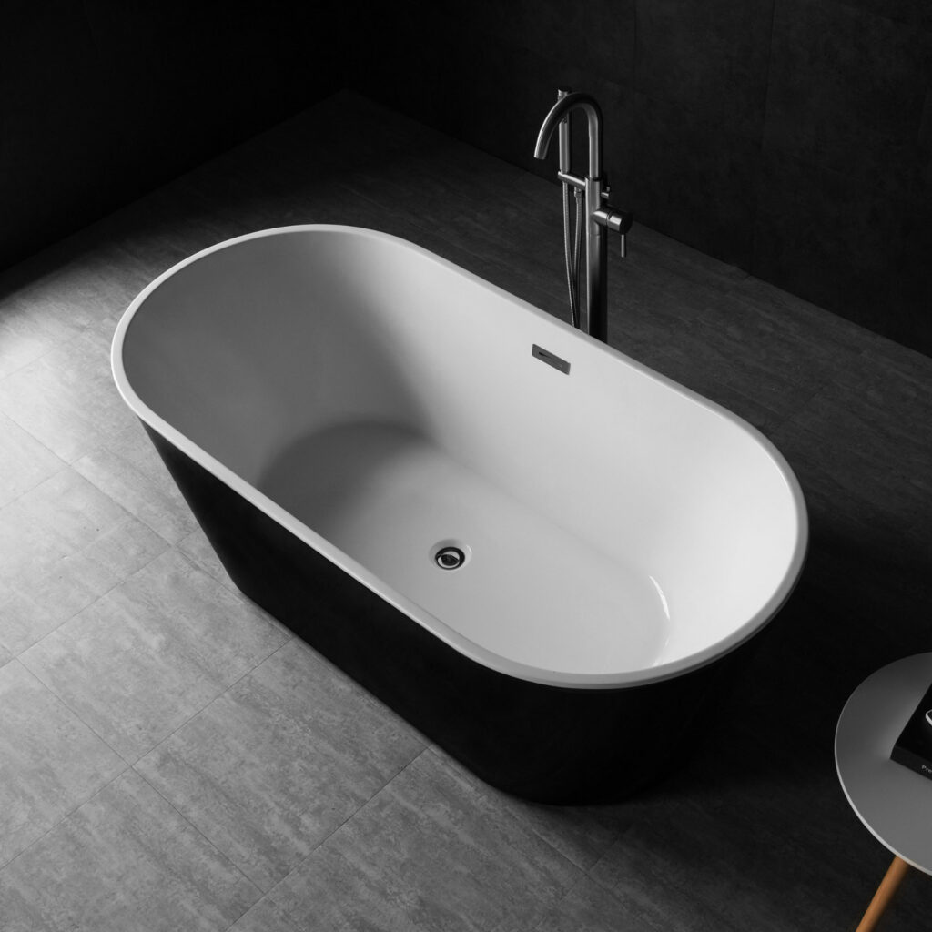 WOODBRIDGE B-1814 59 Acrylic Freestanding Bathtub Contemporary Soaking Tub with Brushed Nickel Overflow and Drain BTA1814-B,Black Tub