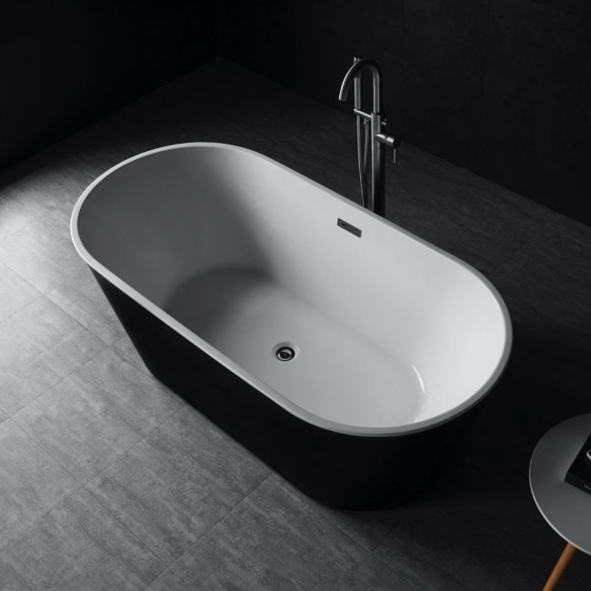 WOODBRIDGE B-1814 59 Acrylic Freestanding Bathtub Contemporary Soaking Tub with Brushed Nickel Overflow and Drain BTA1814-B,Black Tub
