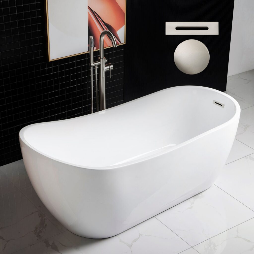 67 Acrylic Freestanding Bathtub Contemporary Soaking Tub with Brushed Nickel Overflow and Drain,White Tub,B0001-BN-