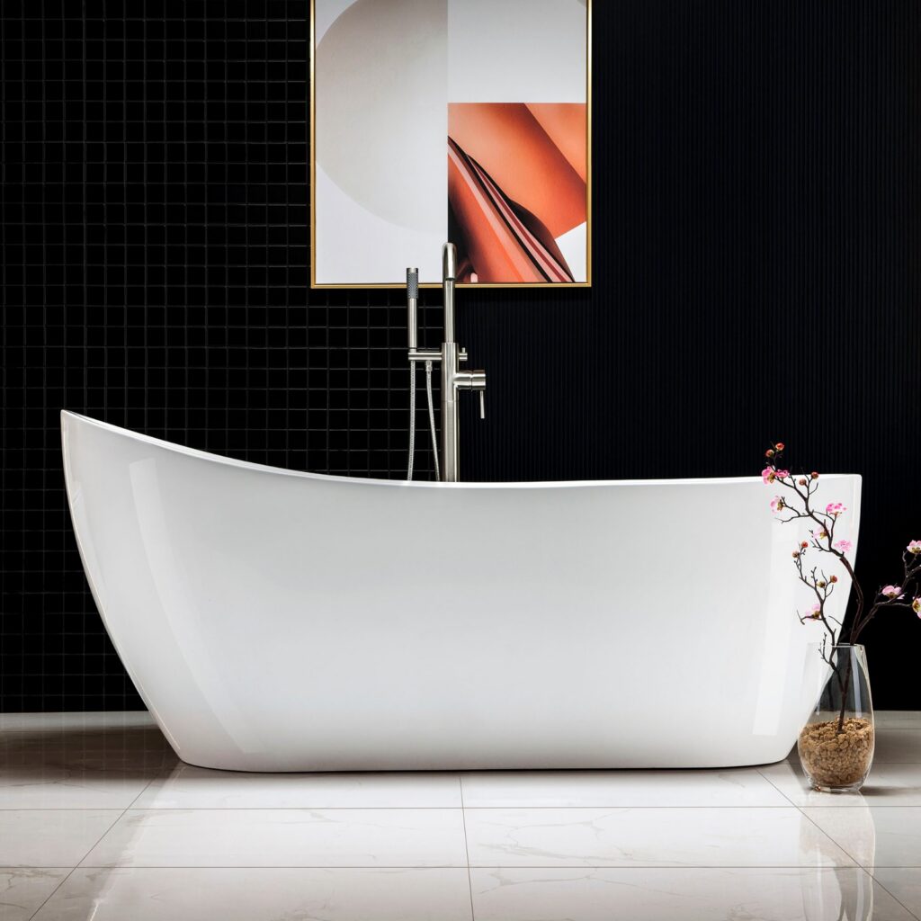 67 Acrylic Freestanding Bathtub Contemporary Soaking Tub with Brushed Nickel Overflow and Drain,White Tub,B0001-BN-