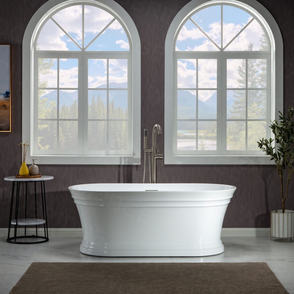 67 in. Freestanding Double Ended Acrylic Soaking Bathtub with Center Drain Assembly and Overflow, BTA1537B1537, Glossy White