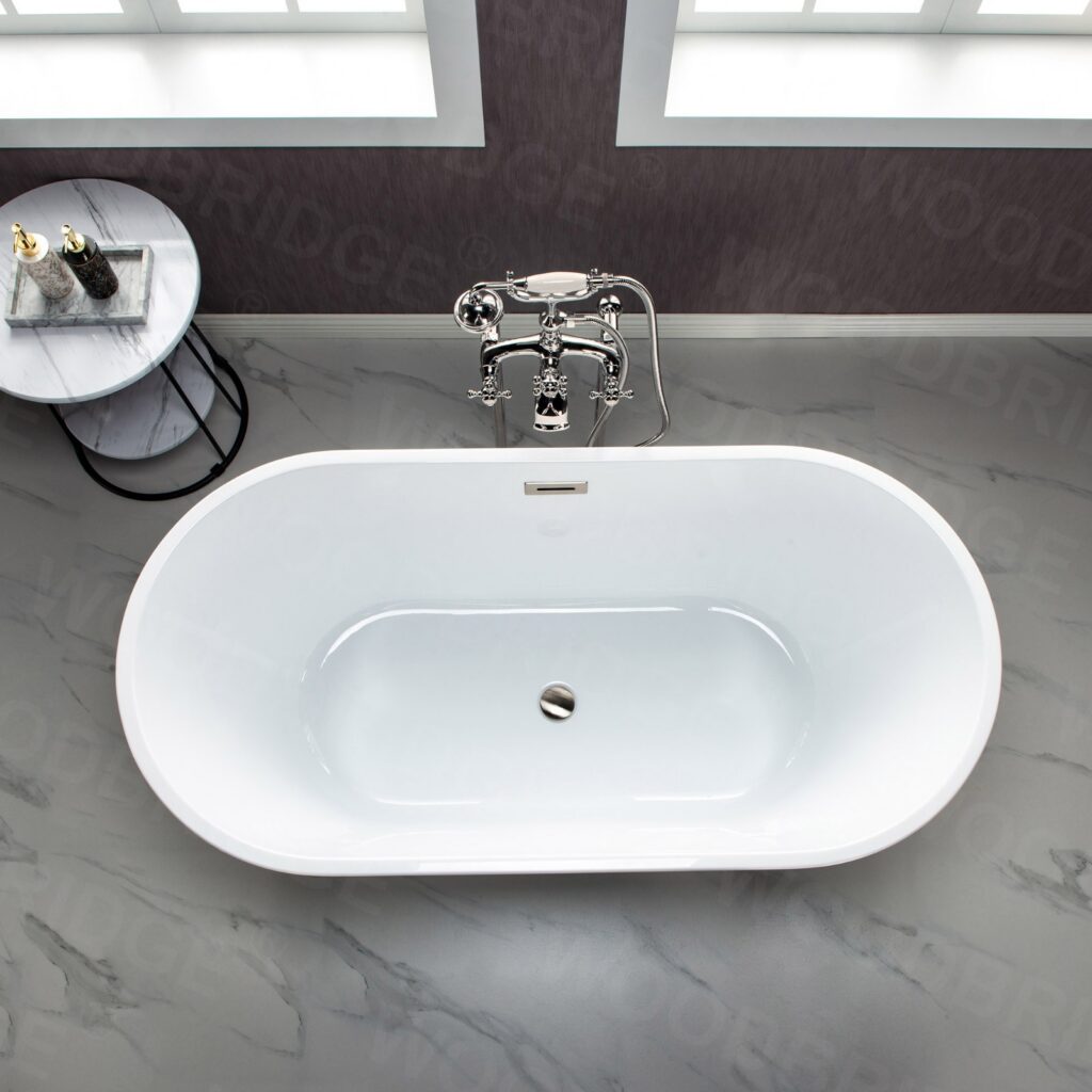 67 in. Freestanding Double Ended Acrylic Soaking Bathtub with Center Drain Assembly and Overflow, BTA1537B1537, Glossy White