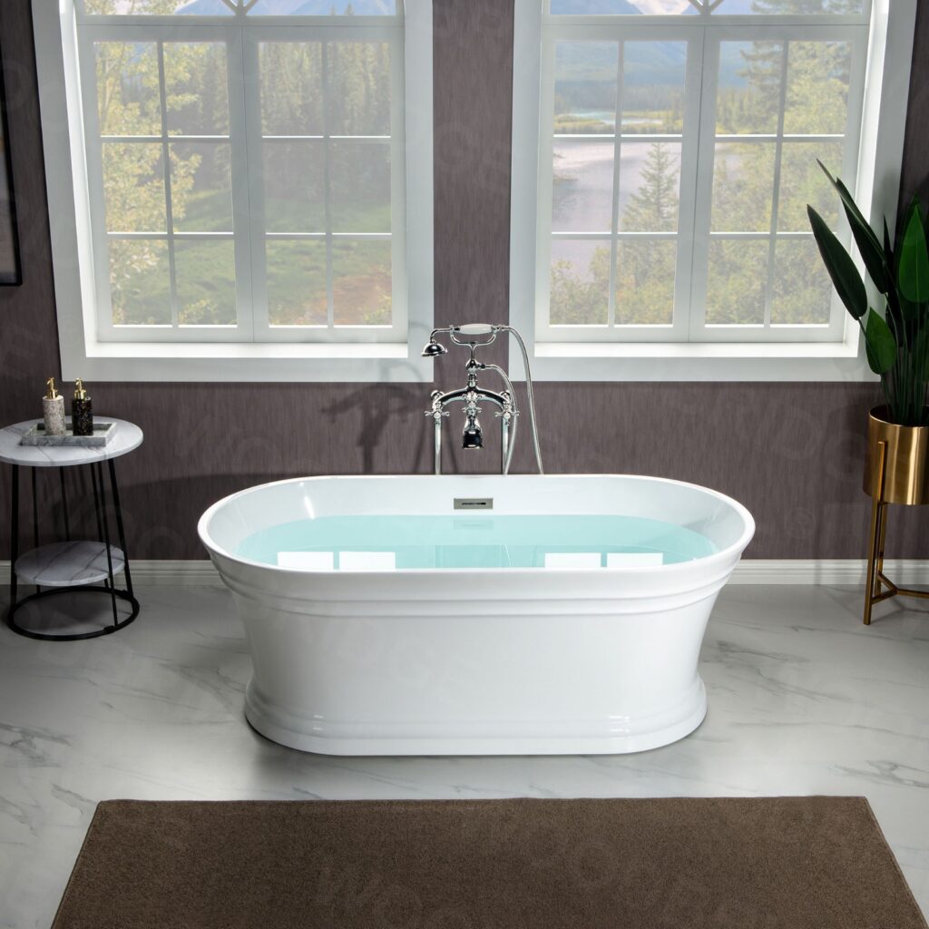 67 in. Freestanding Double Ended Acrylic Soaking Bathtub with Center Drain Assembly and Overflow, BTA1537B1537, Glossy White