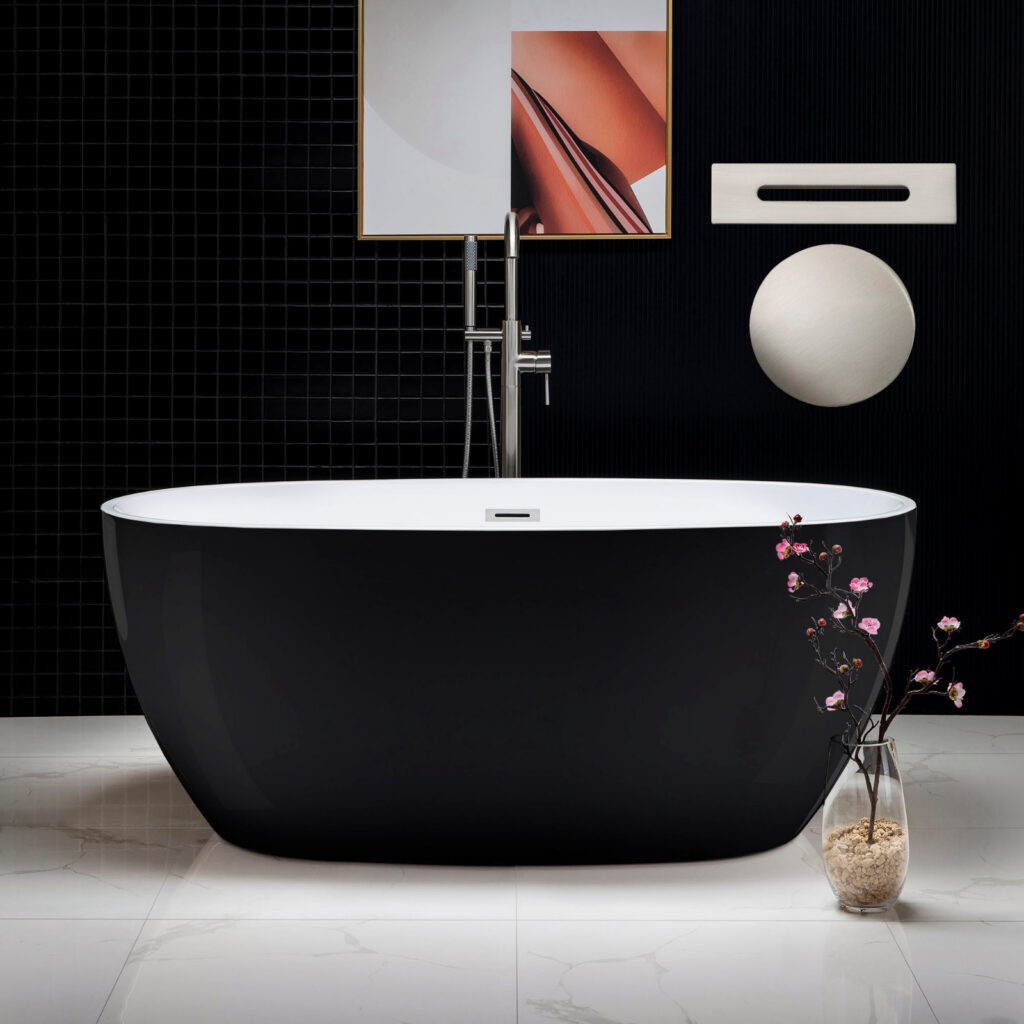 59 Acrylic Freestanding Bathtub Contemporary Soaking Tub with Brushed Nickel Overflow and Drain,Black Tub,B1818 Black -BN-Drain _O