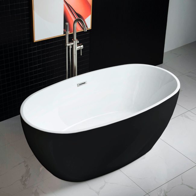 59 Acrylic Freestanding Bathtub Contemporary Soaking Tub with Brushed Nickel Overflow and Drain,Black Tub,B1818 Black -BN-Drain _O