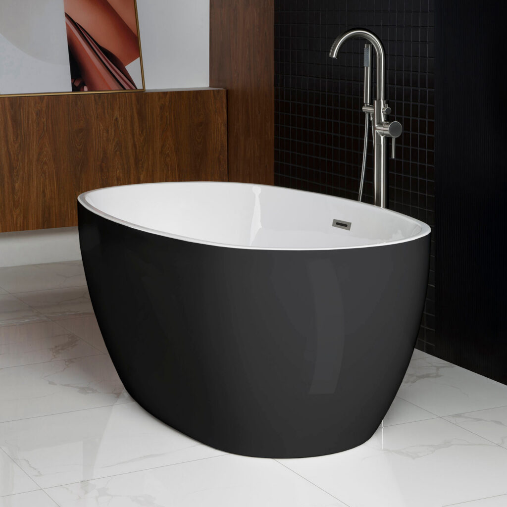 59 Acrylic Freestanding Bathtub Contemporary Soaking Tub with Brushed Nickel Overflow and Drain,Black Tub,B1818 Black -BN-Drain _O