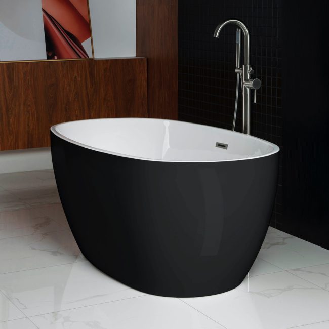 59 Acrylic Freestanding Bathtub Contemporary Soaking Tub with Brushed Nickel Overflow and Drain,Black Tub,B1818 Black -BN-Drain _O