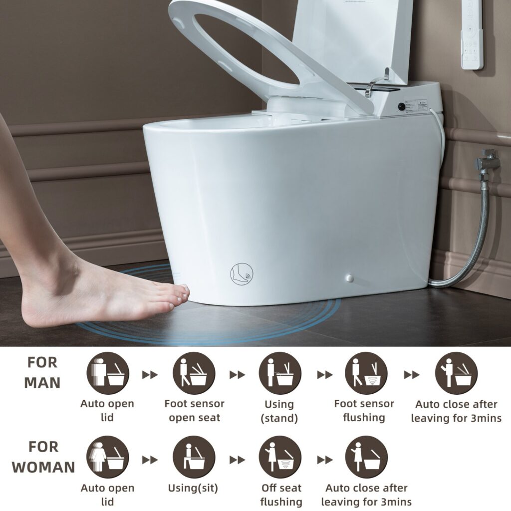 B0990S One Piece Elongated Smart Toilet Bidet with Massage Washing, Auto Open and Close Seat and Lid, Auto Flush, Heated Seat and Integrated Multi Function Remote Control, White